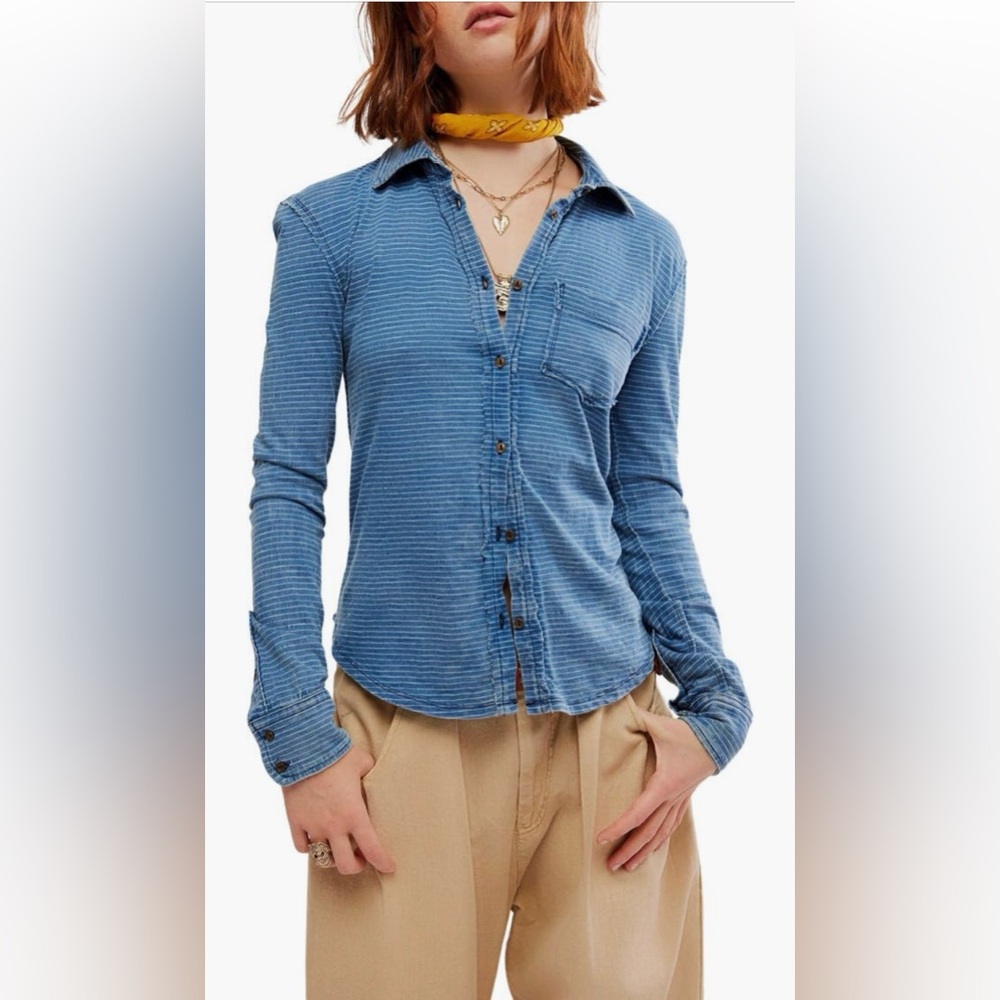 NWOT! Free People We The Free Striped Jersey Shirt- Blue; Size Medium